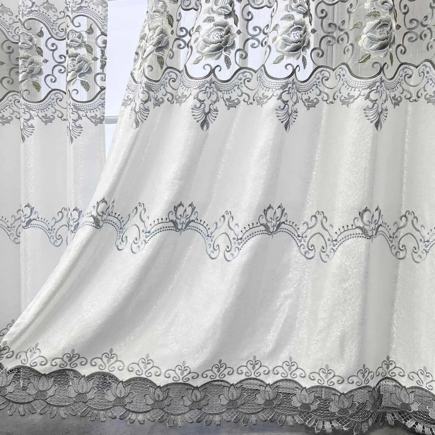 WPKIRA Embroidered Grommet Curtains European Floral Luxury Curtains Semi Blackout Curtains for Living Room/Bedroom 1 Panel Thermal Insulated Window Treatment Drapes Eyelet Curtains W40 x L84 inch